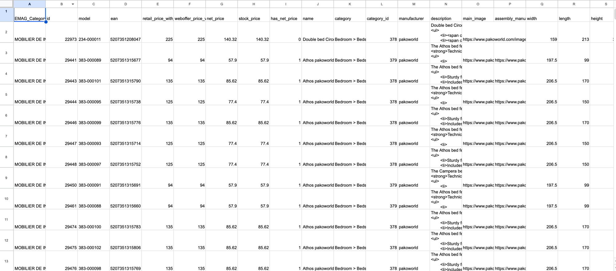 Client Products Spreadsheet